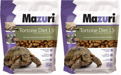 Mazuri Low Starch Tortoise Diet bag label highlights high-fiber, grass-based formula for herbivores.