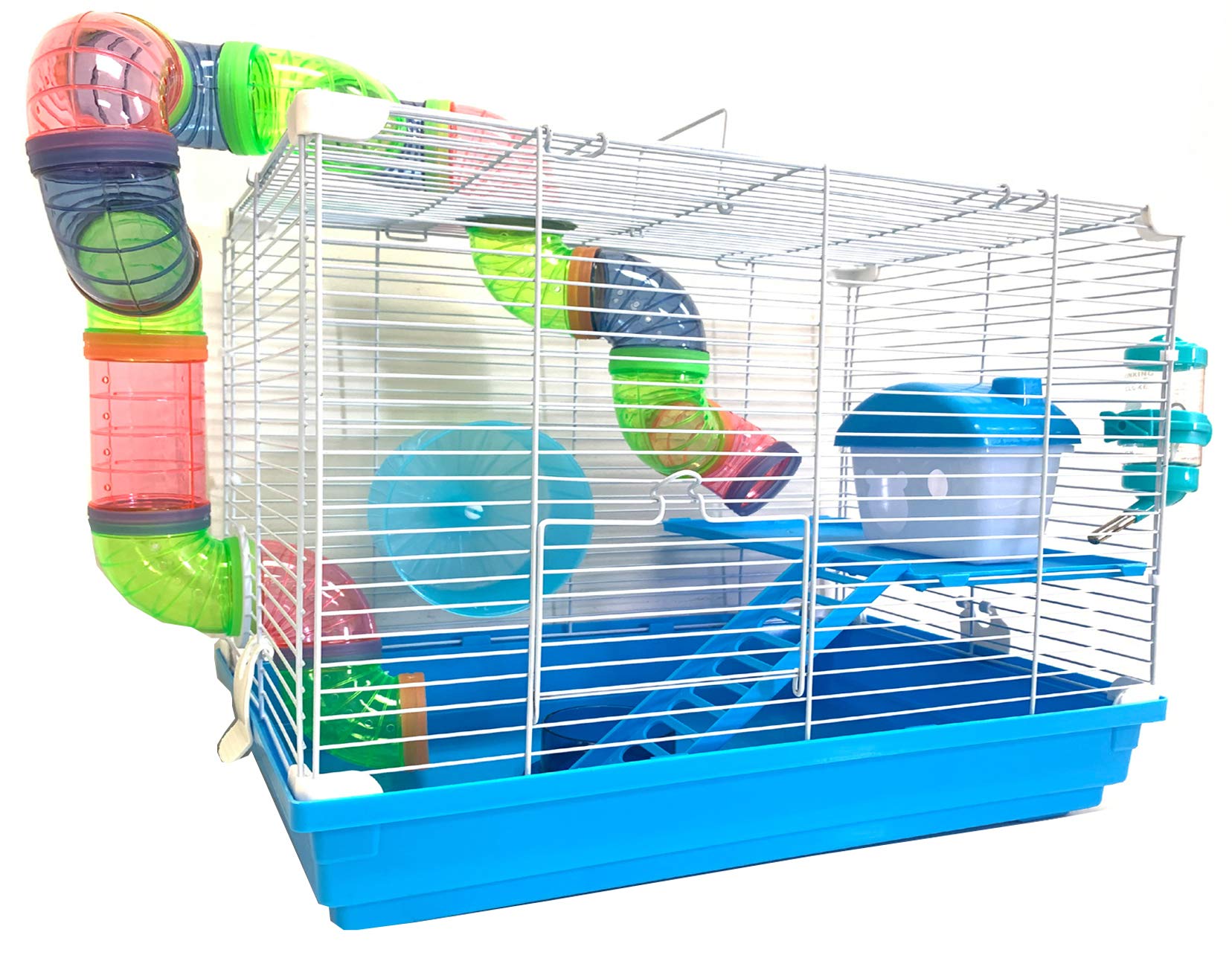 Mcage 2Levels Habitat showing blue base and white wire frame for active play