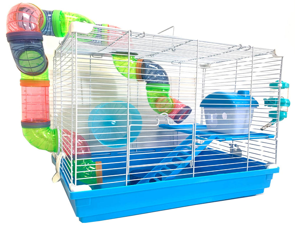 Mcage 2Levels Habitat showing blue base and white wire frame for active play