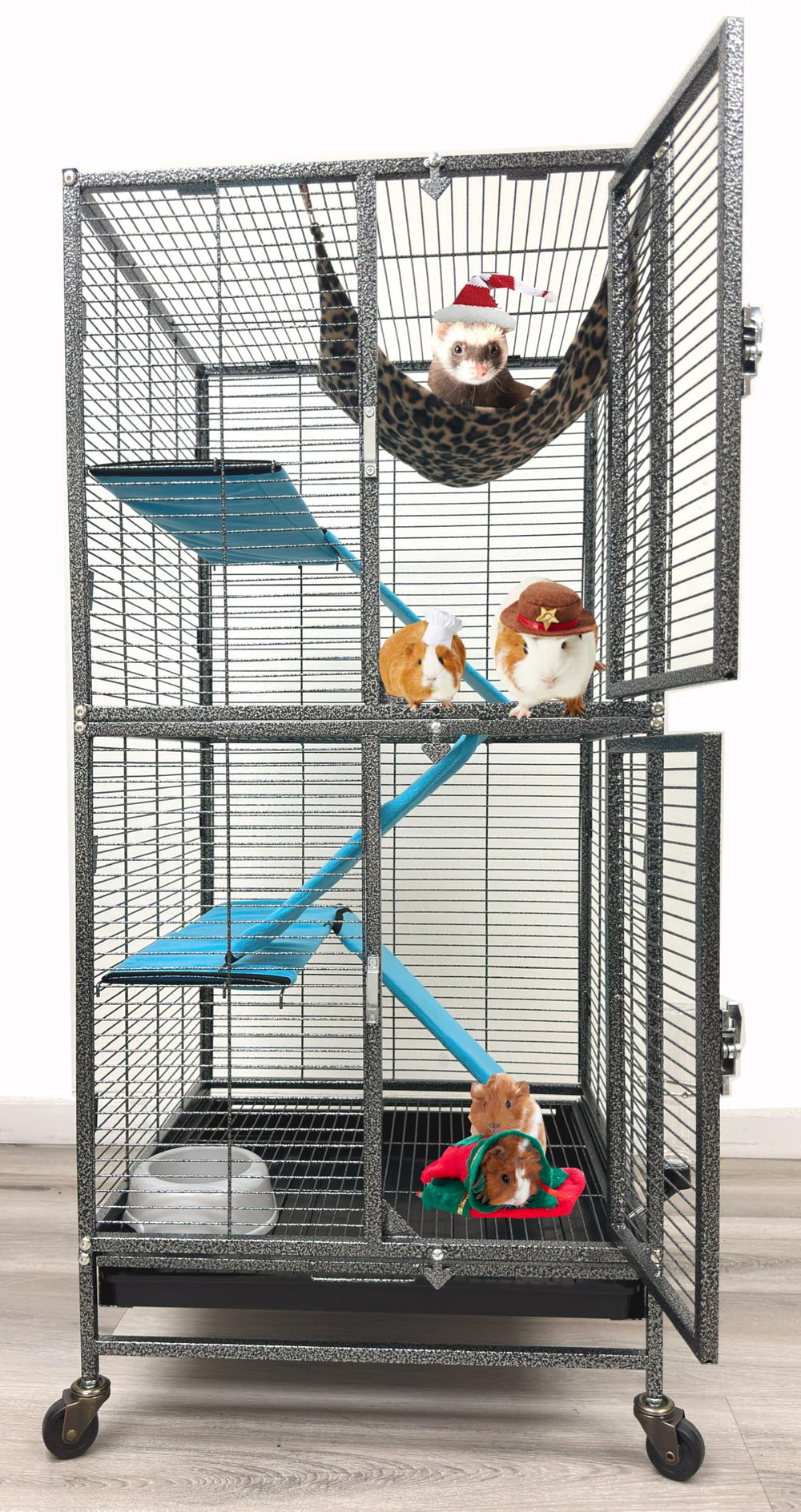 Mcage Deluxe Double Unit two-story cage with ample space for energetic ferrets and friends.