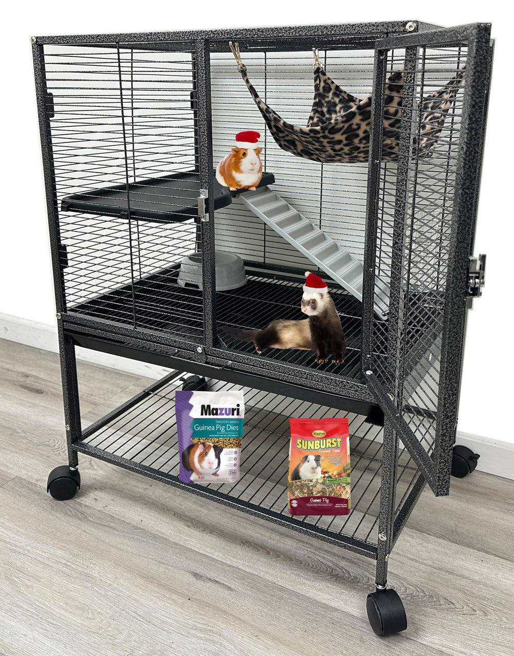 Mcage deluxe two tiers cage side view shows compact footprint ideal for small pets