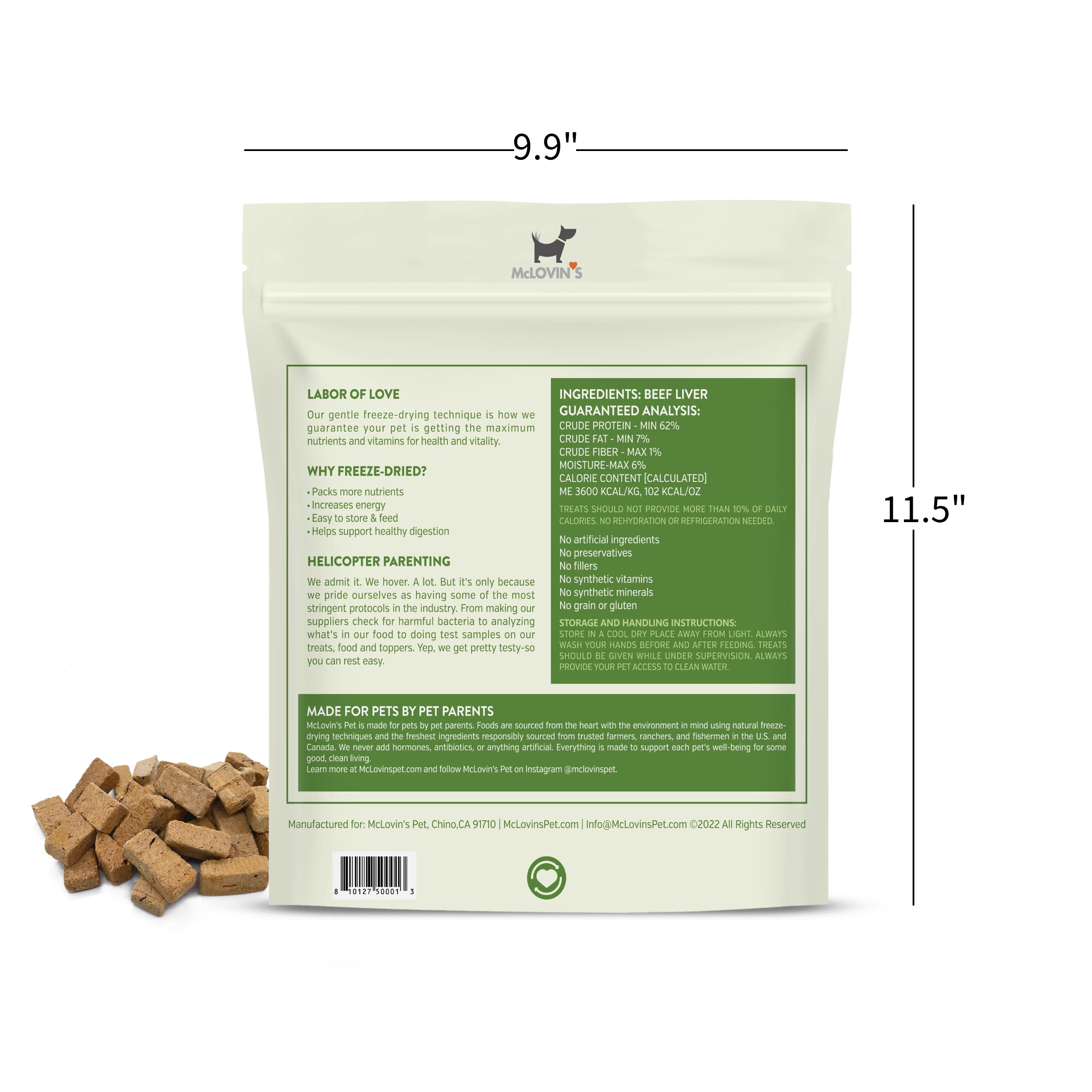 McLovin's Pet Food beef liver treats close-up showing rich flavor and crisp texture.