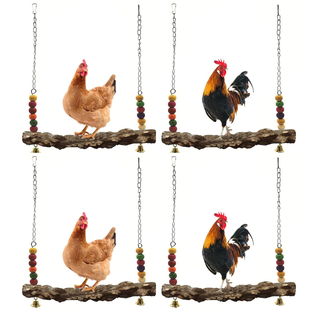 MdakeGo chicken bird swing packaging with four colorful swings for enrichment.