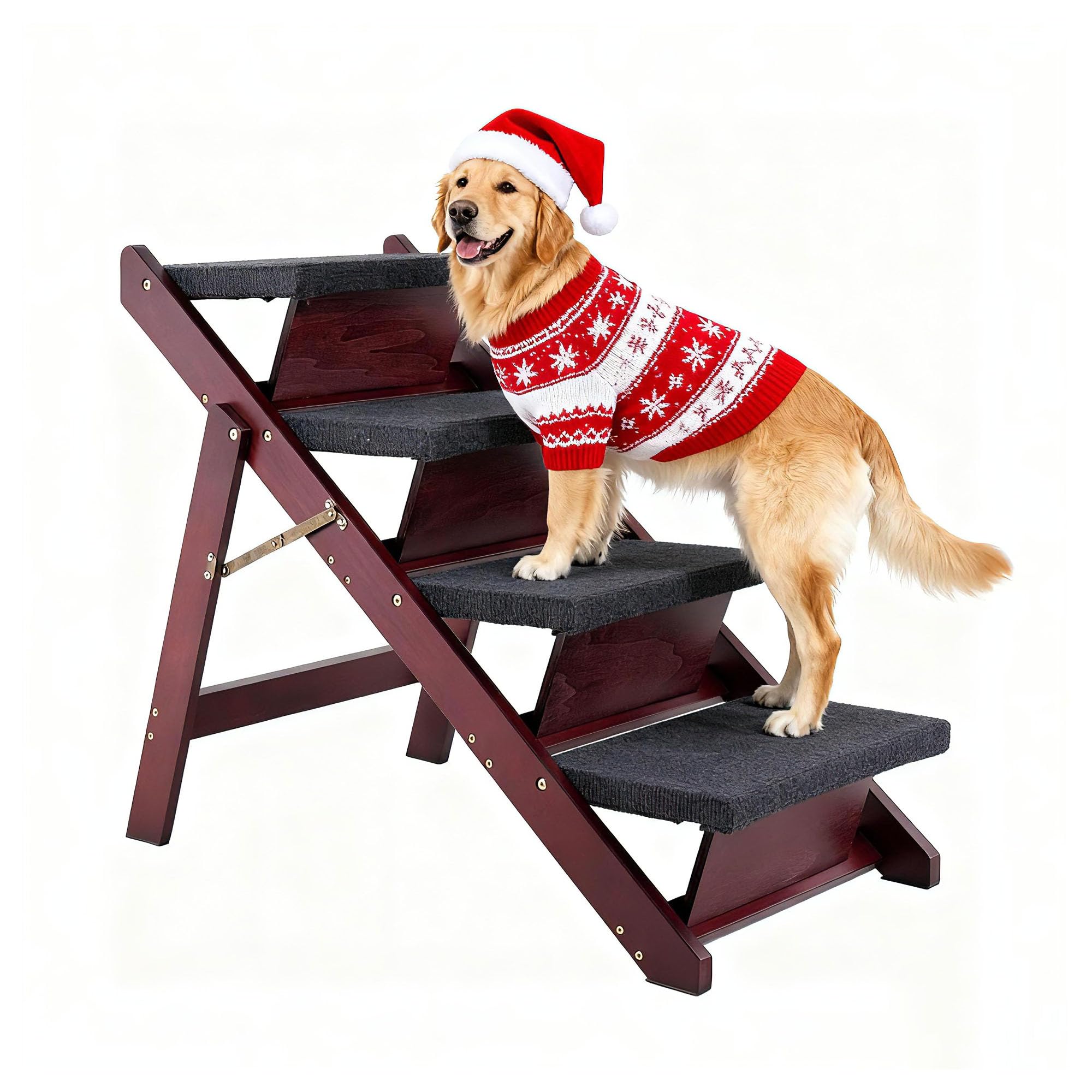 MEWANG wooden pet stairs front view brown, sturdy climb aid