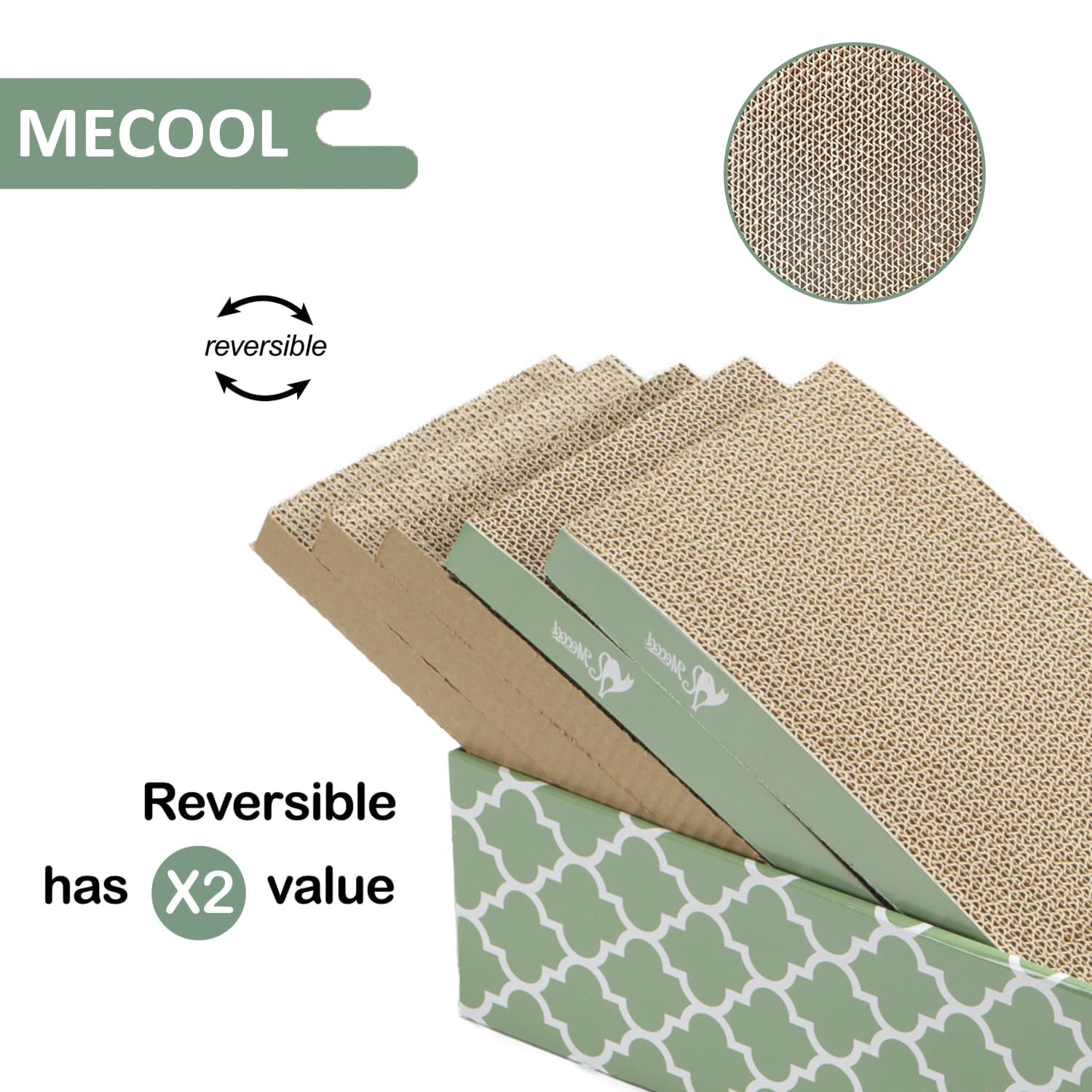 MECOOL catnip sachets included beside the scratch board