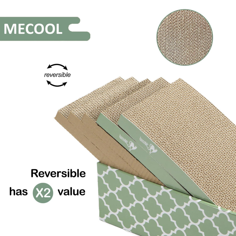 MECOOL catnip sachets included beside the scratch board