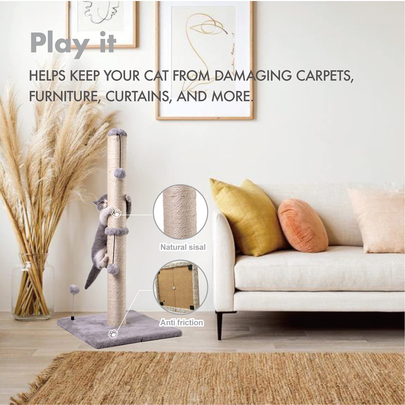 MECOOL cat scratching post base weighted MDF adds stability during vigorous scratching.