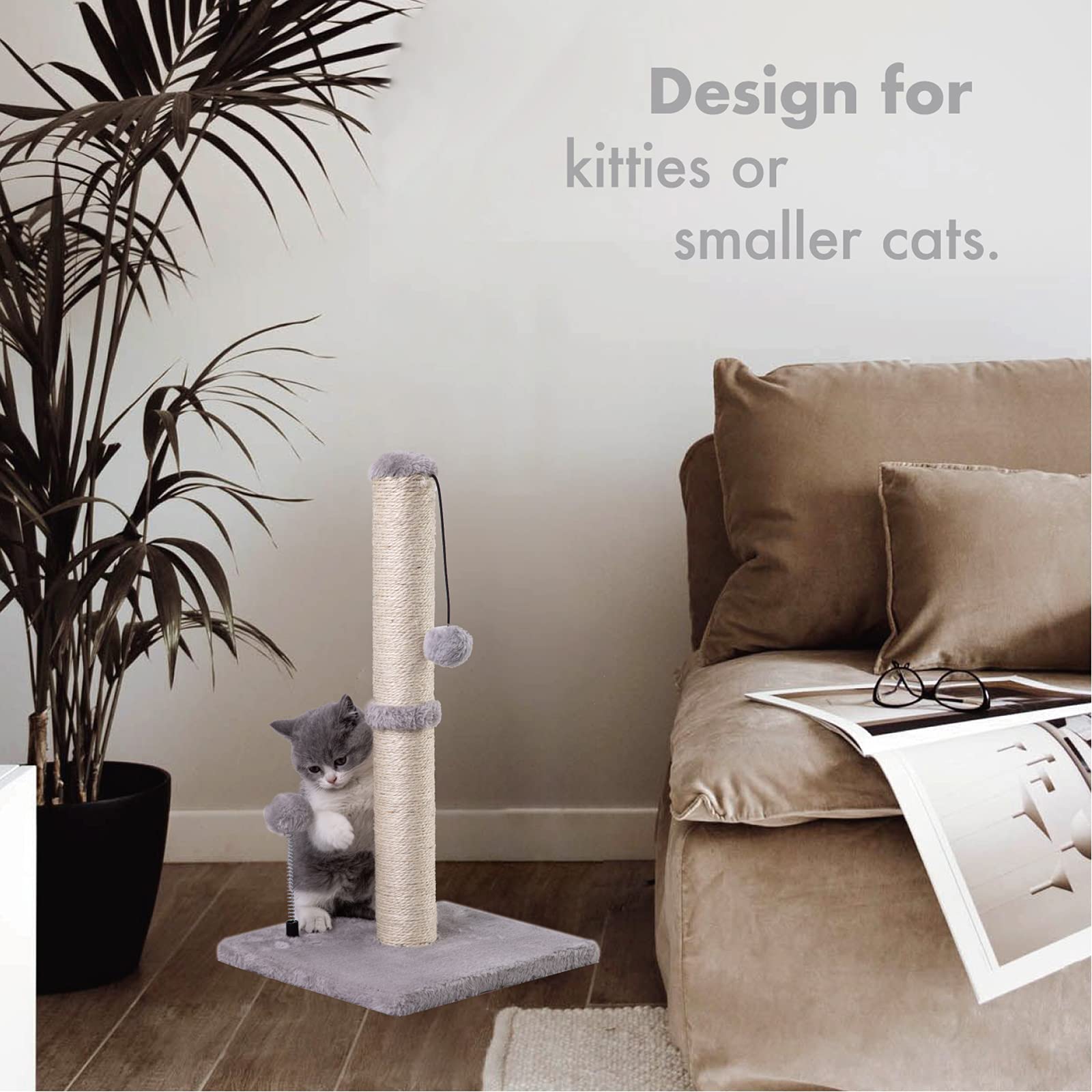 MECOOL cat scratching post with sisal rope provides natural clawing surface and play.
