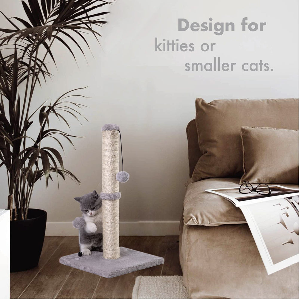 MECOOL cat scratching post with sisal rope provides natural clawing surface and play.