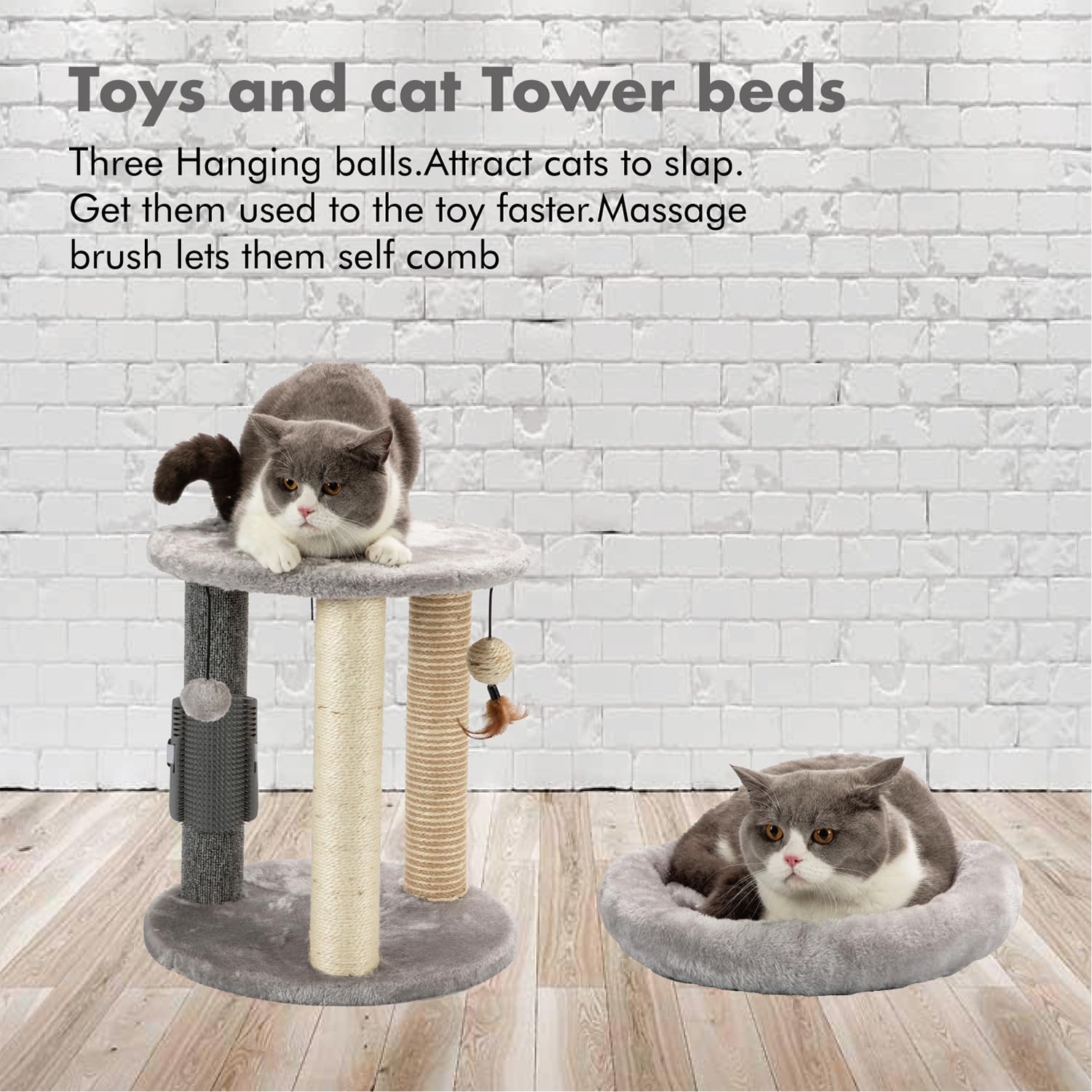 MECOOL massage brush integrated into cat tree aids self grooming