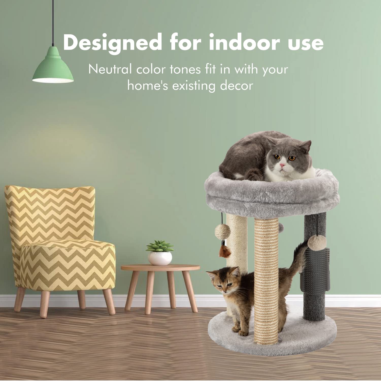 MECOOL cat tree features three hanging balls for interactive play