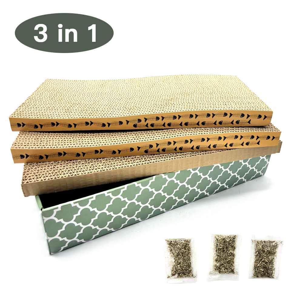 MECOOL scratcher box in use shows cat enjoying lounge and scratch area