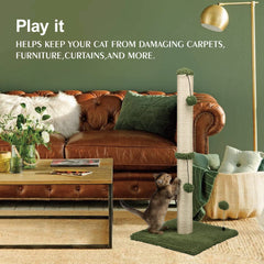 MECOOL scratching post base detail highlights weighted MDF for tipping resistance.