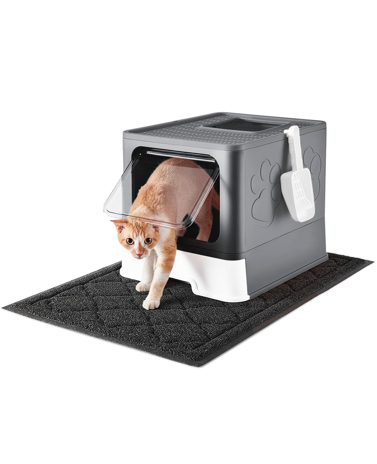 Medario cat litter box front-entry demonstrates controlled access and odor containment.