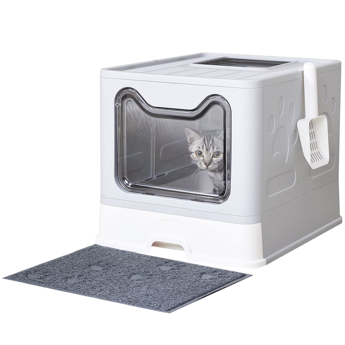 Medario cat litter box with front entry shows contained mess and easy cleanup