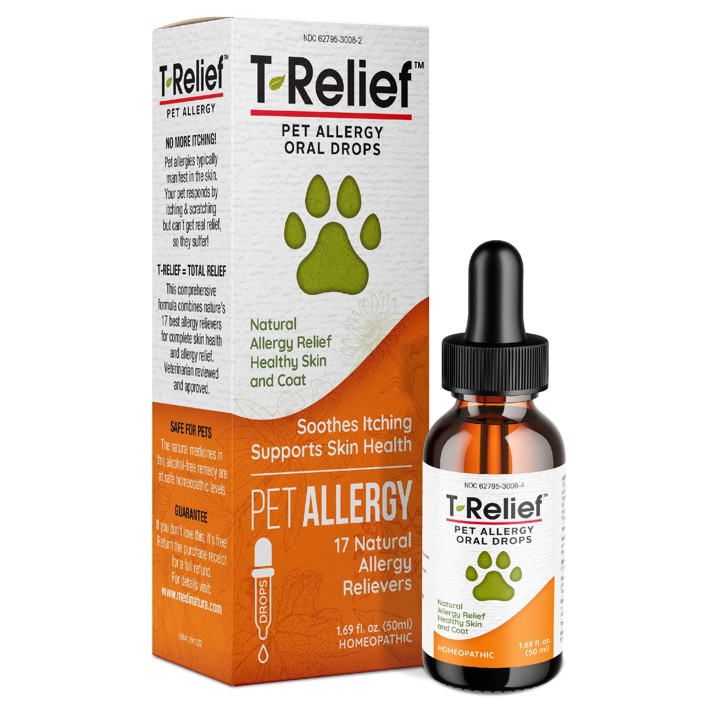 MediNatura T-Relief drops bottle pour for precise pet dosing and allergy support.