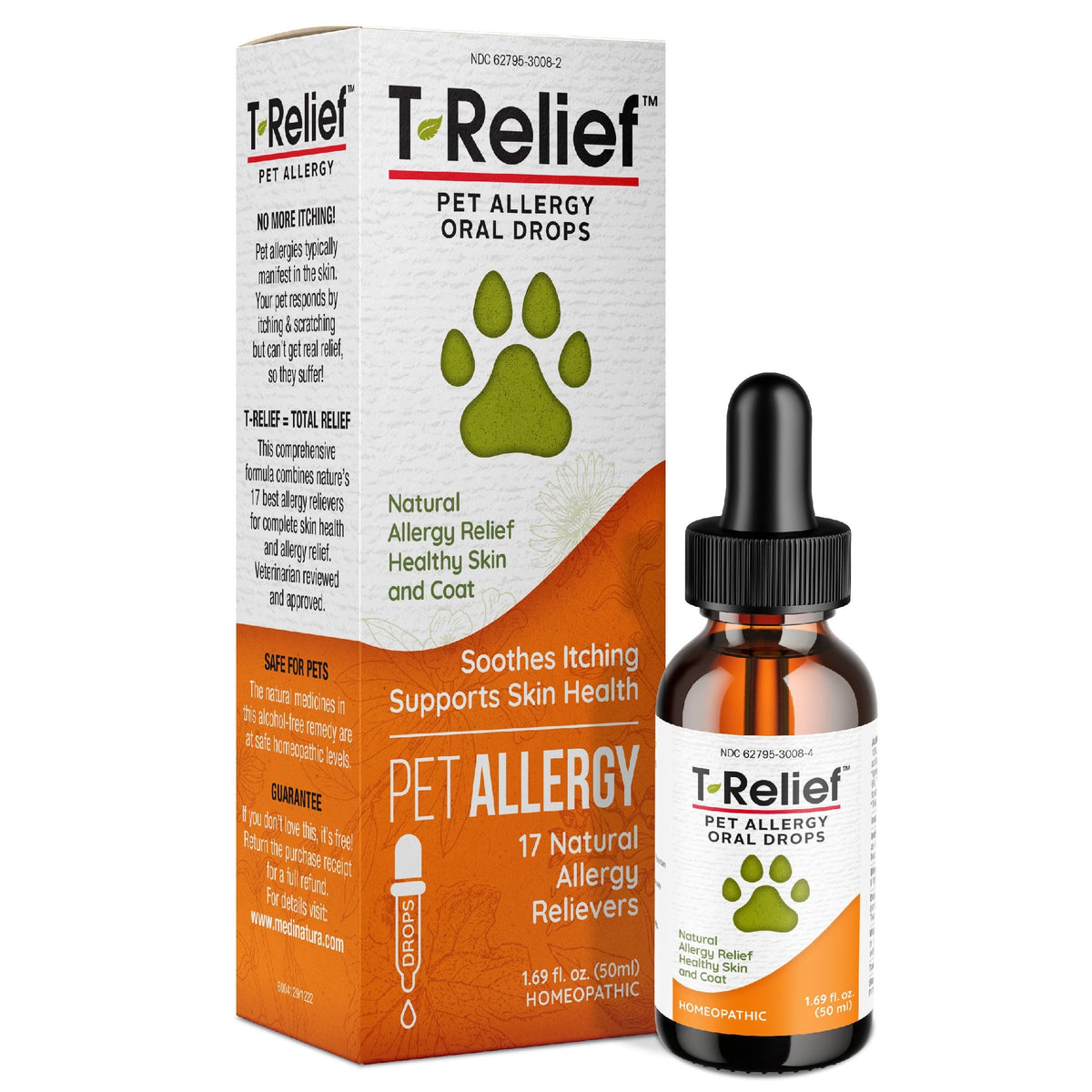 MediNatura T-Relief drops bottle pour for precise pet dosing and allergy support.