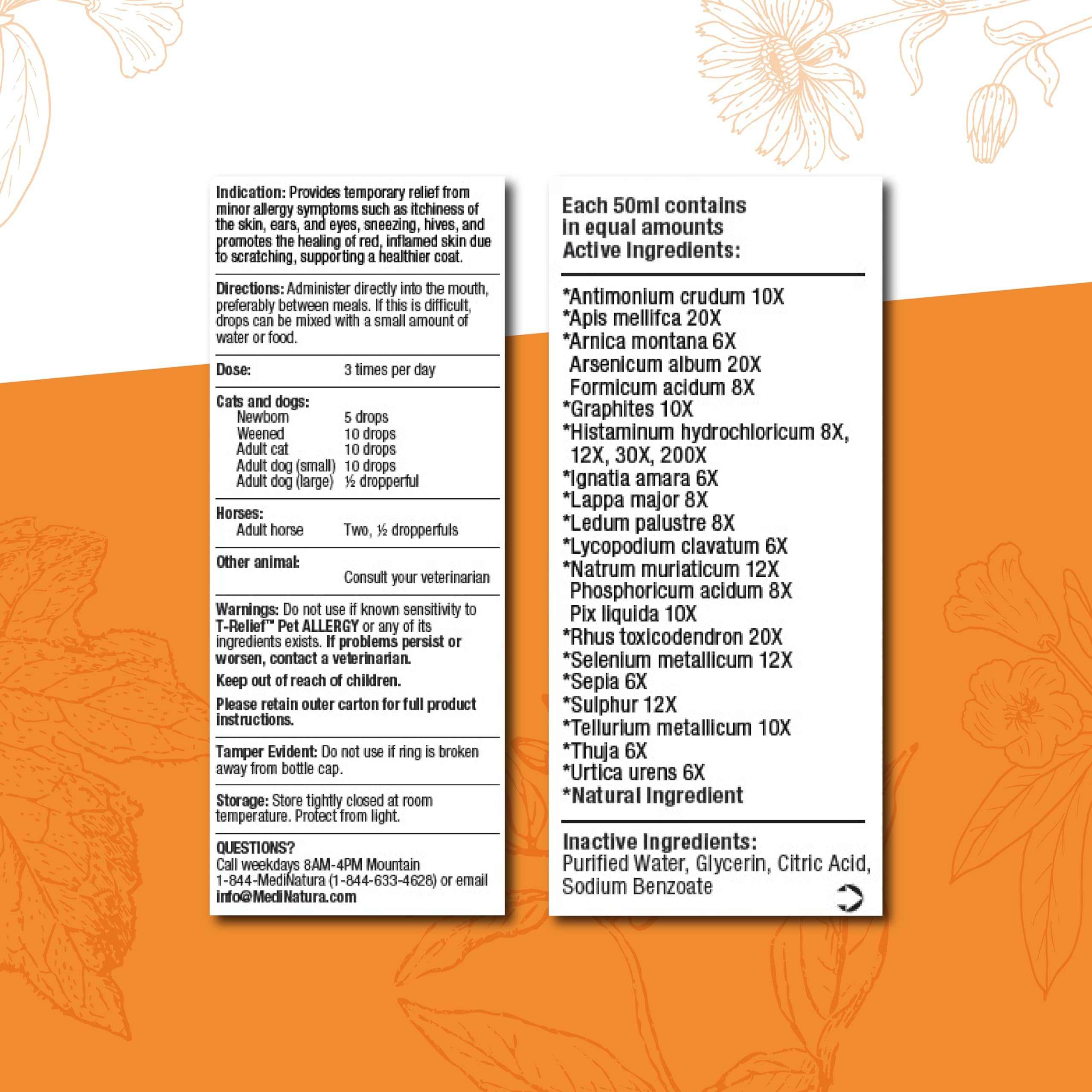 MediNatura T-Relief drops dog dosing image demonstrates easy mixing with meals.