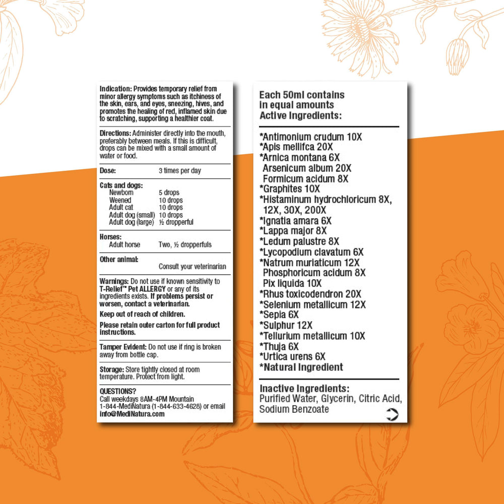 MediNatura T-Relief drops dog dosing image demonstrates easy mixing with meals.
