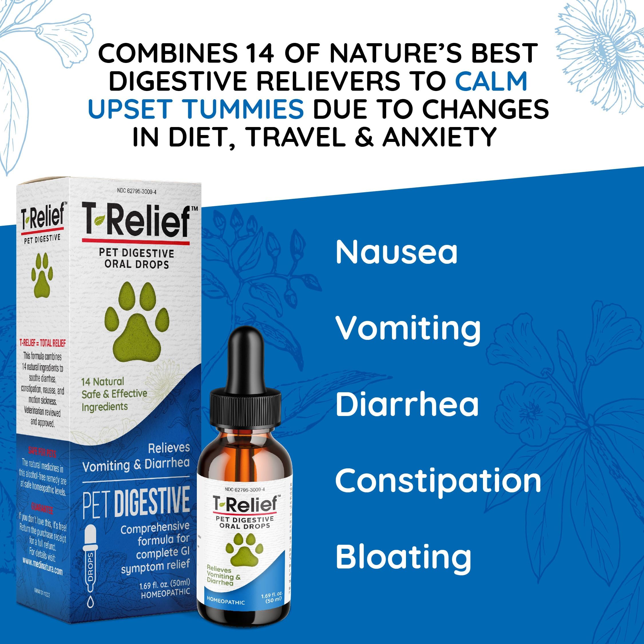 MediNatura T-Relief Drops ingredients label highlighting natural actives.