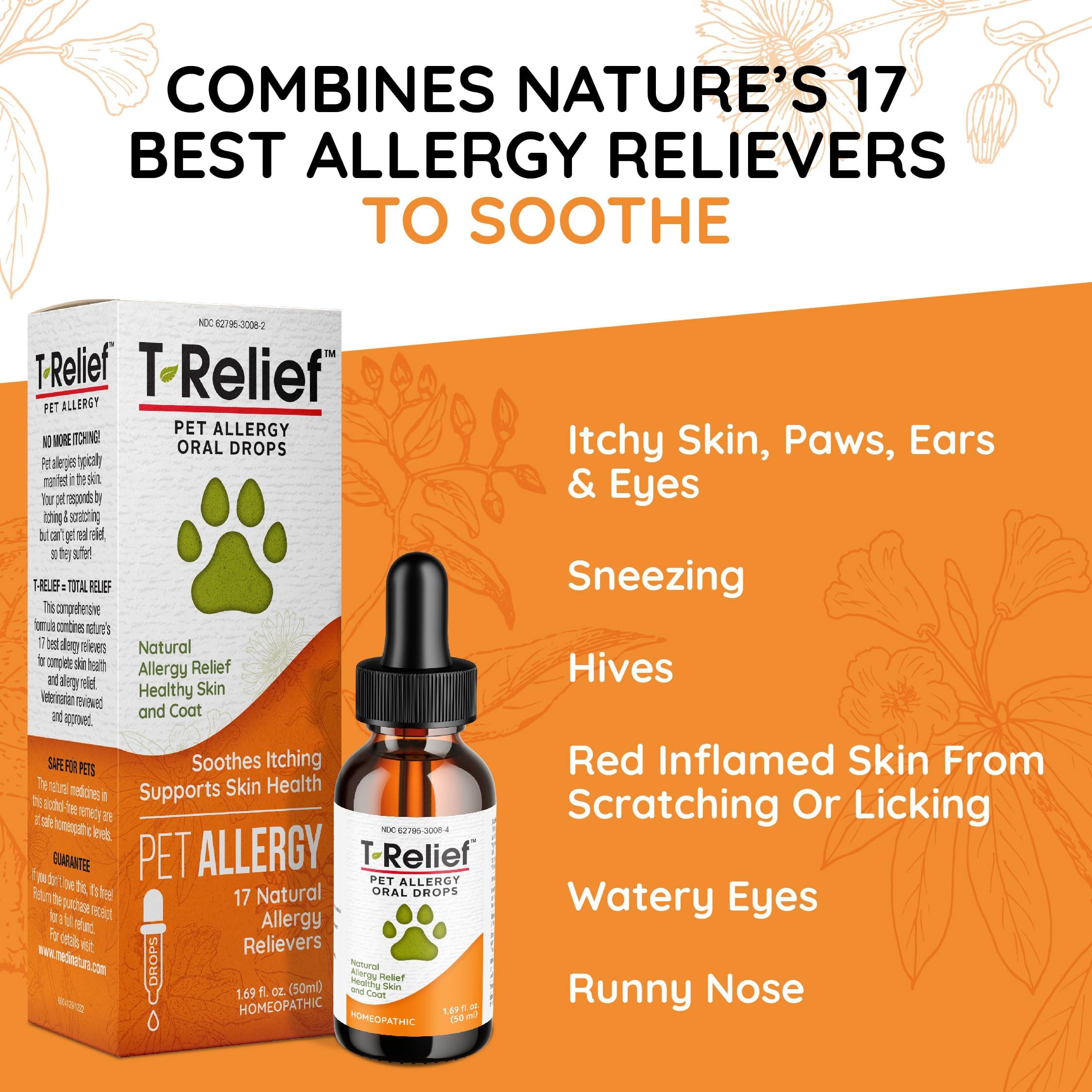 MediNatura T-Relief drops plant-based ingredients illustrate natural allergy support.