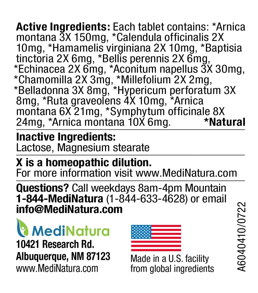 MediNatura T-Relief ingredients include arnica, calendula, echinacea, hypericum for natural comfort support.