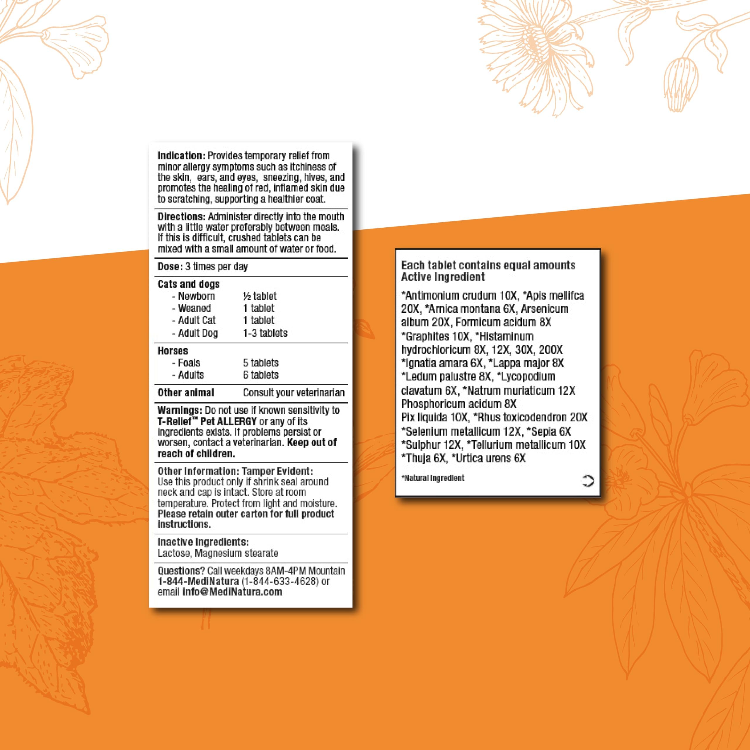 MediNatura T-Relief bottle label close-up highlighting plant-based ingredients and guidance.