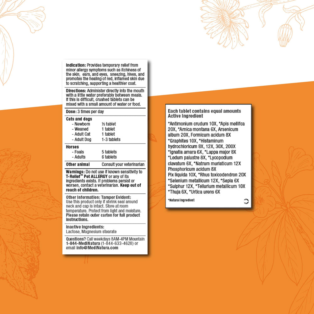 MediNatura T-Relief bottle label close-up highlighting plant-based ingredients and guidance.