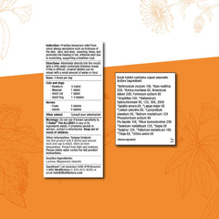 MediNatura T-Relief bottle label close-up highlighting plant-based ingredients and guidance.