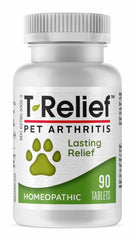 MediNatura T-Relief bottle label shows natural arthritis support for pets at home.