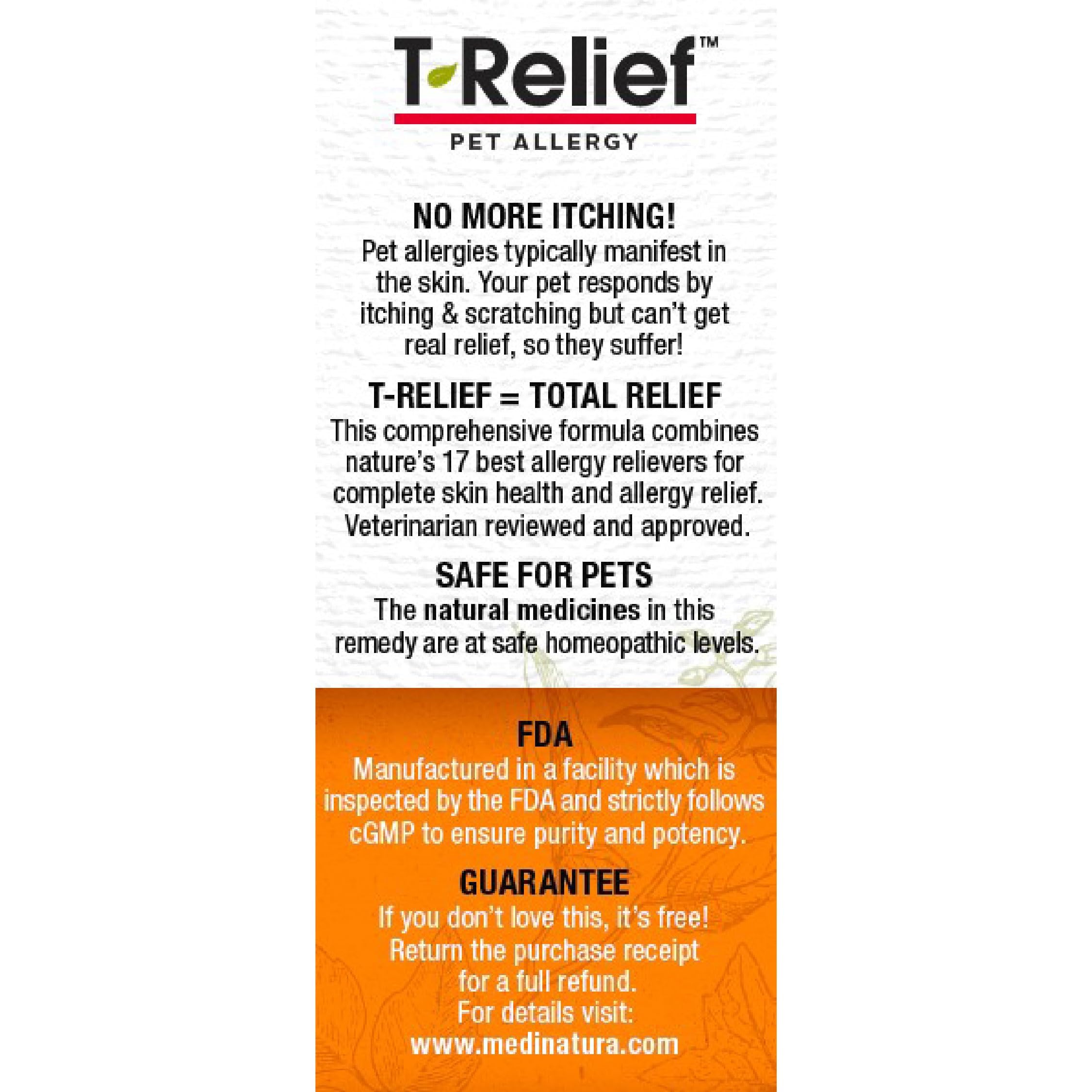 MediNatura T-Relief box showing 90 tablets for extended allergy support.