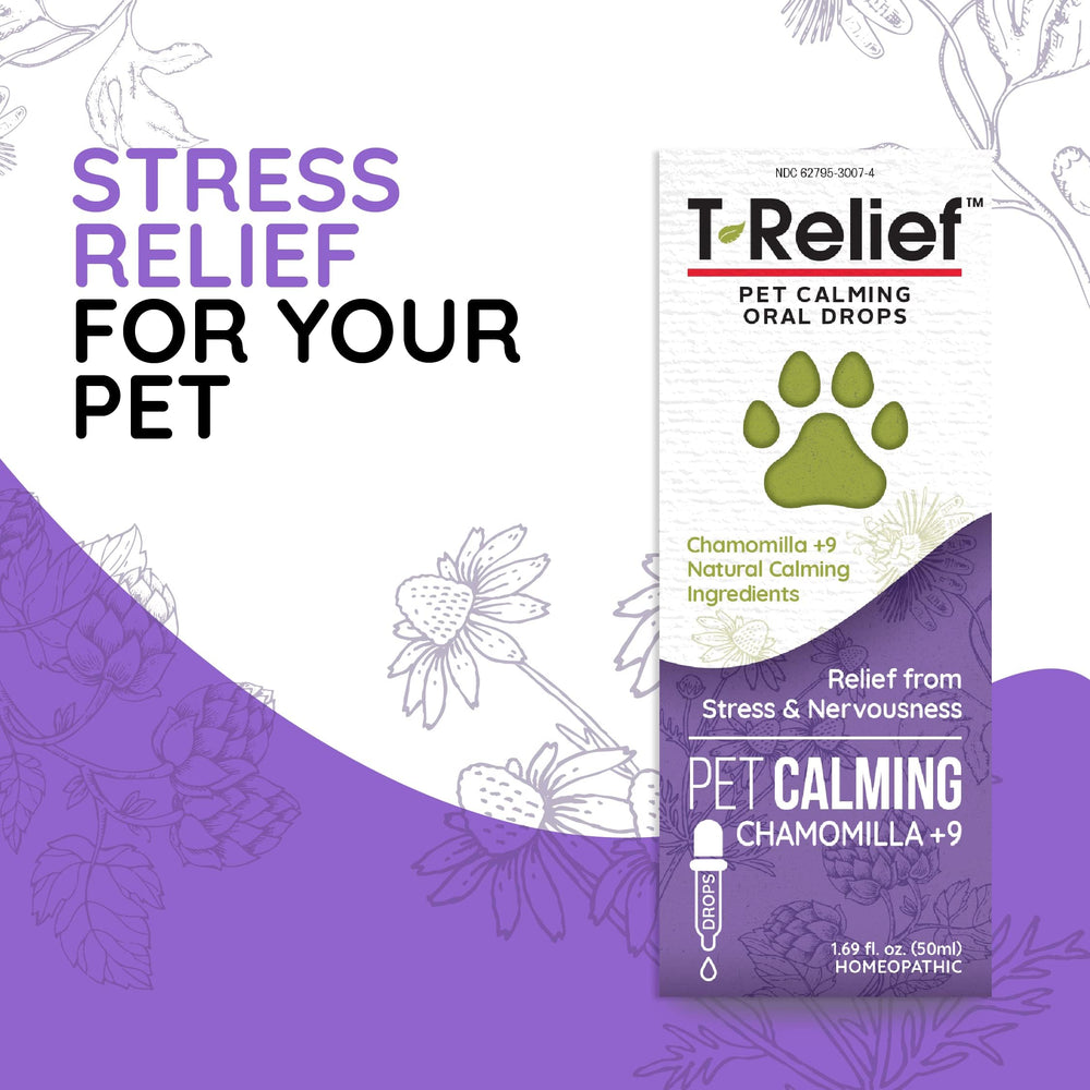 Chamomile-rich MediNatura T-Relief blend promotes gentle relaxation in pets