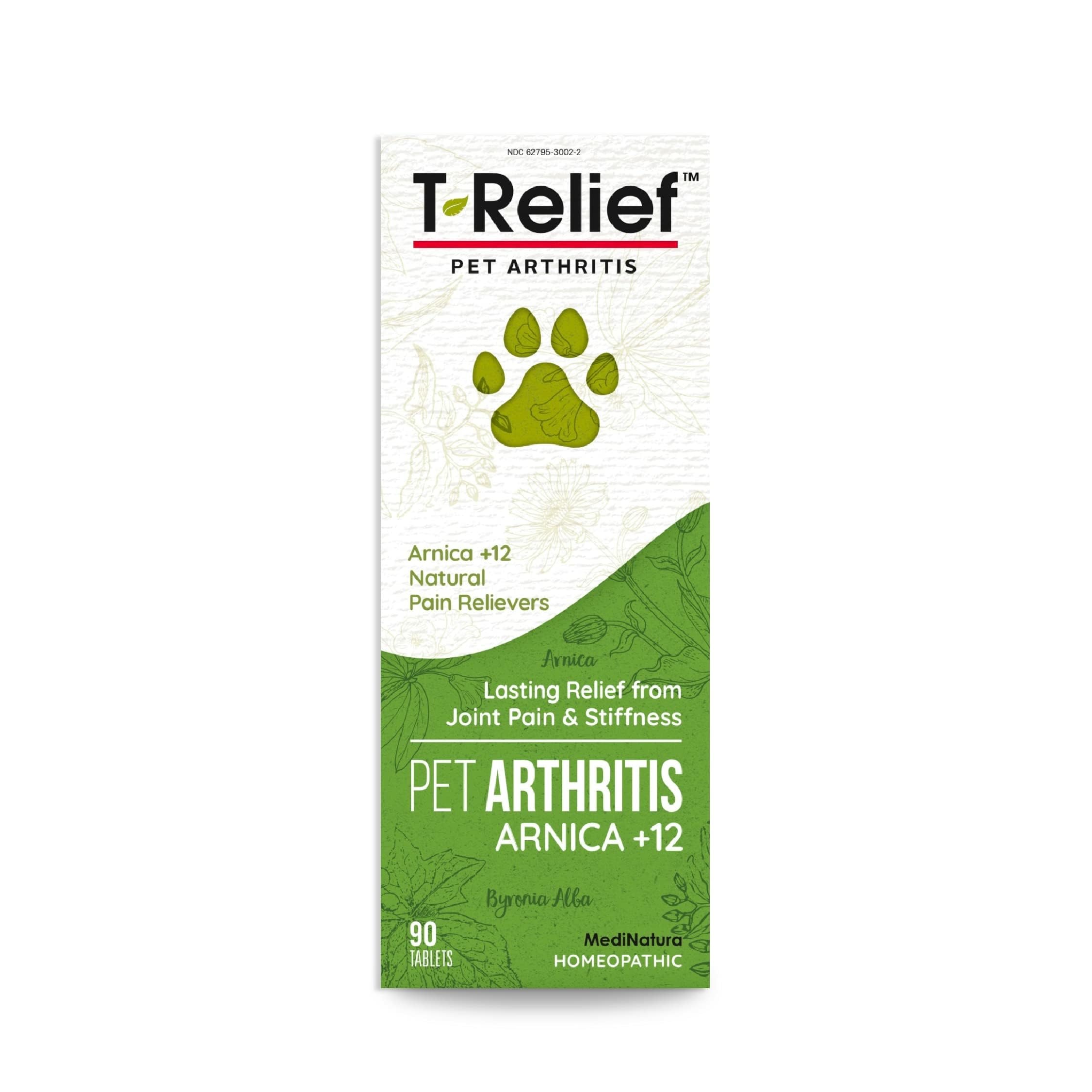 MediNatura T-Relief dosage chart visualized for dogs cats and horses.