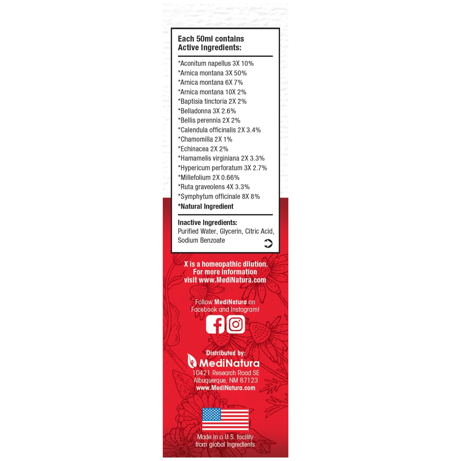 MediNatura T-Relief drops label closeup reveals Arnica actives.