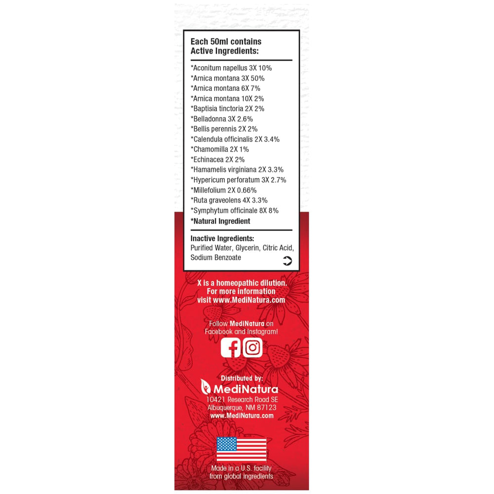 MediNatura T-Relief drops label closeup reveals Arnica actives.