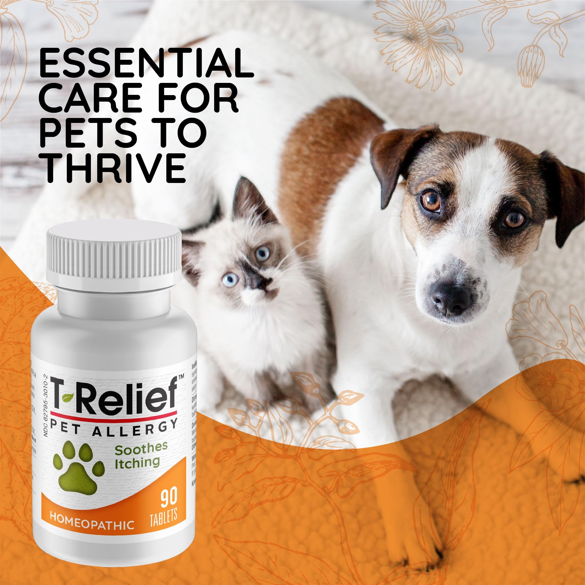 MediNatura T-Relief bottle beside dog's toy for quick, pet-friendly allergy support.