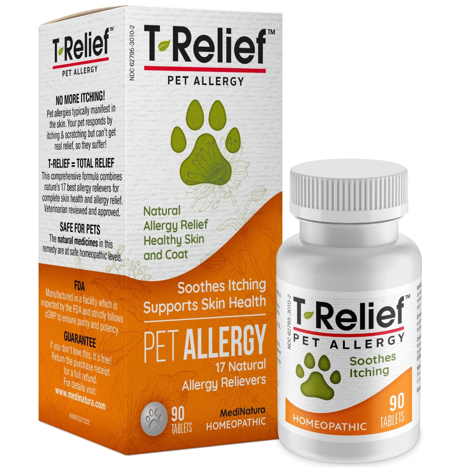 MediNatura T-Relief tablets pack ready for daily allergy support in dogs and cats.
