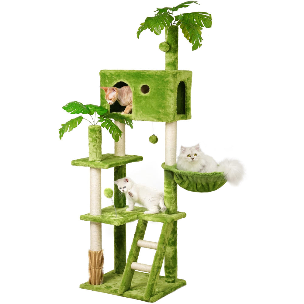 Meecal 65in tall cat tree with leaves and scratching post for elevated play and rest