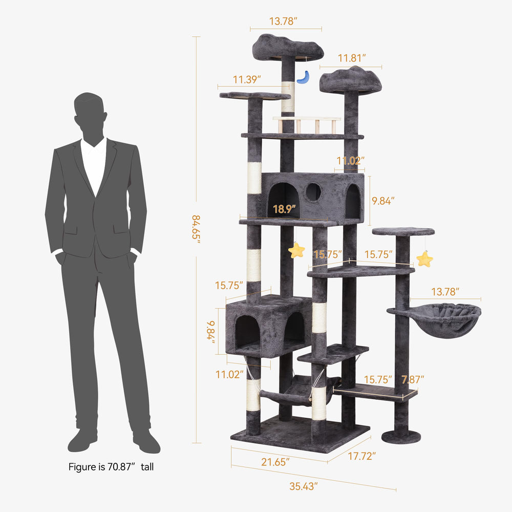 Meecal 85in giant cat tree multi-level playground encourages climbing and social play.