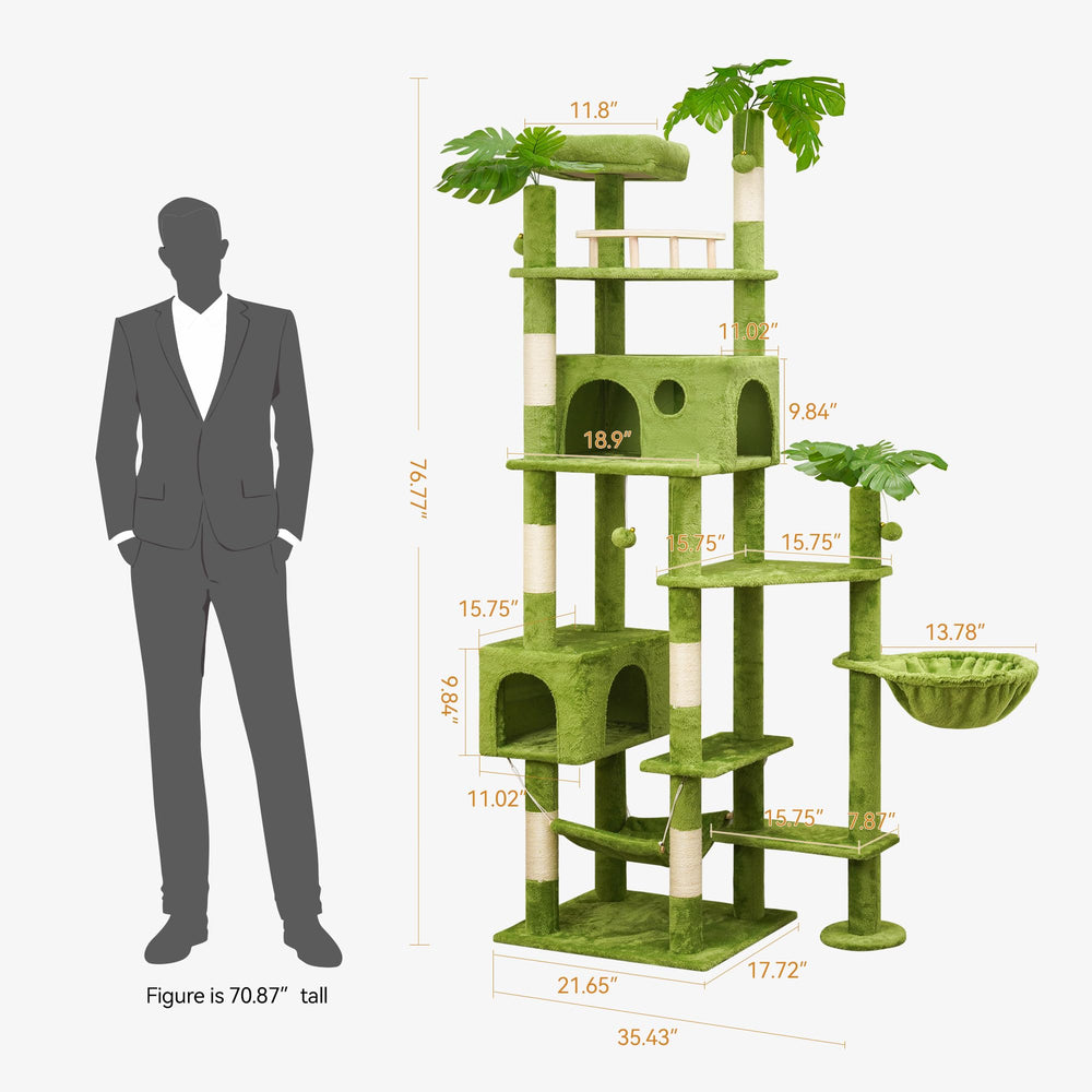 Meecal cat tower featuring two condos and soft hammocks for relaxed lounging