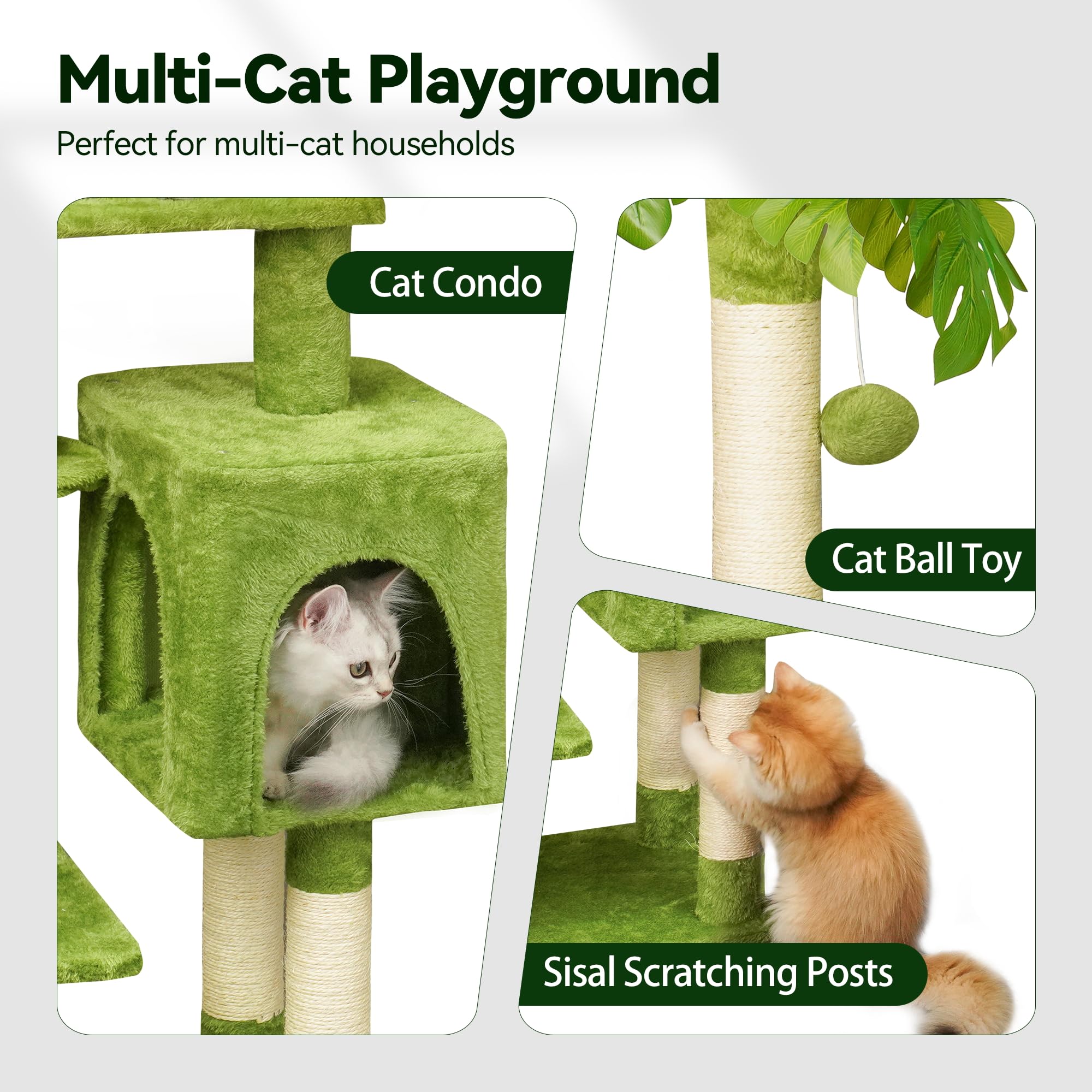 Meecal Cat Tree dangling toys encourage interactive play and activity.
