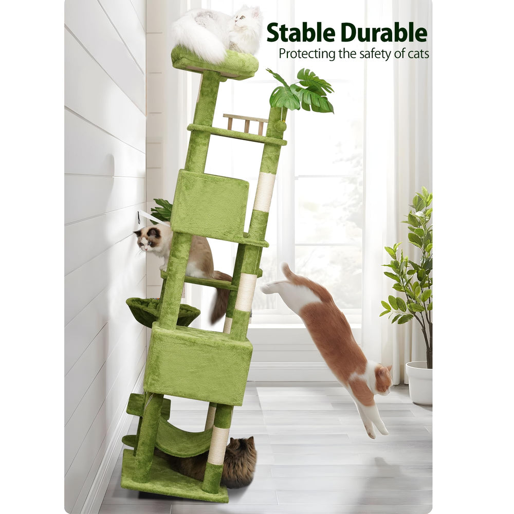 Meecal green cat tower blends with decor while supporting multi-cat fun