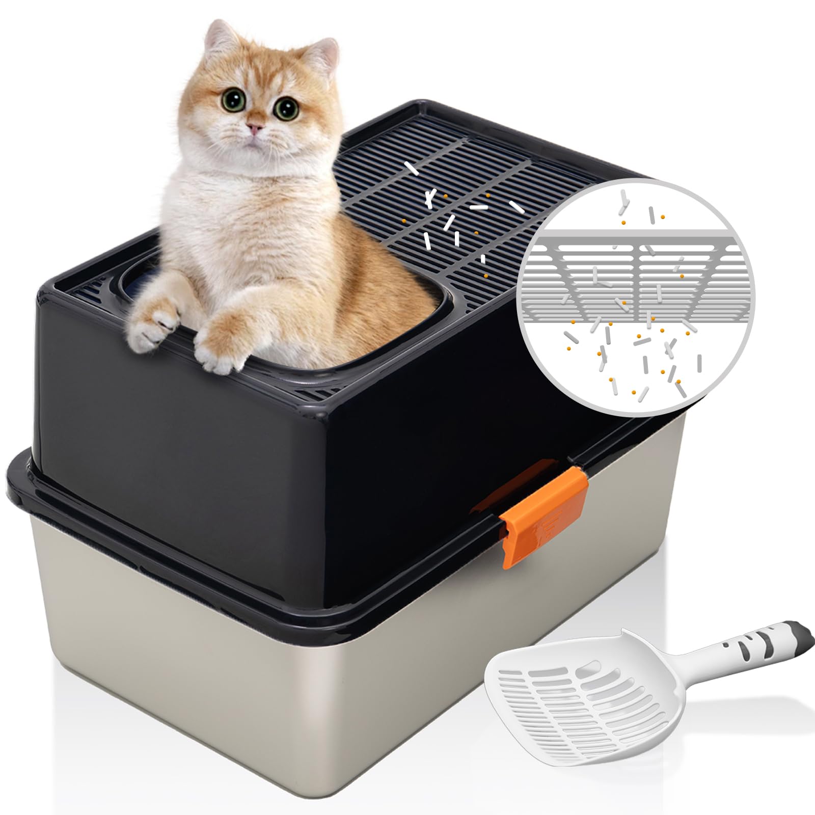 MEEXPAWS top entry lid close-up highlighting secure lid for lively cats.