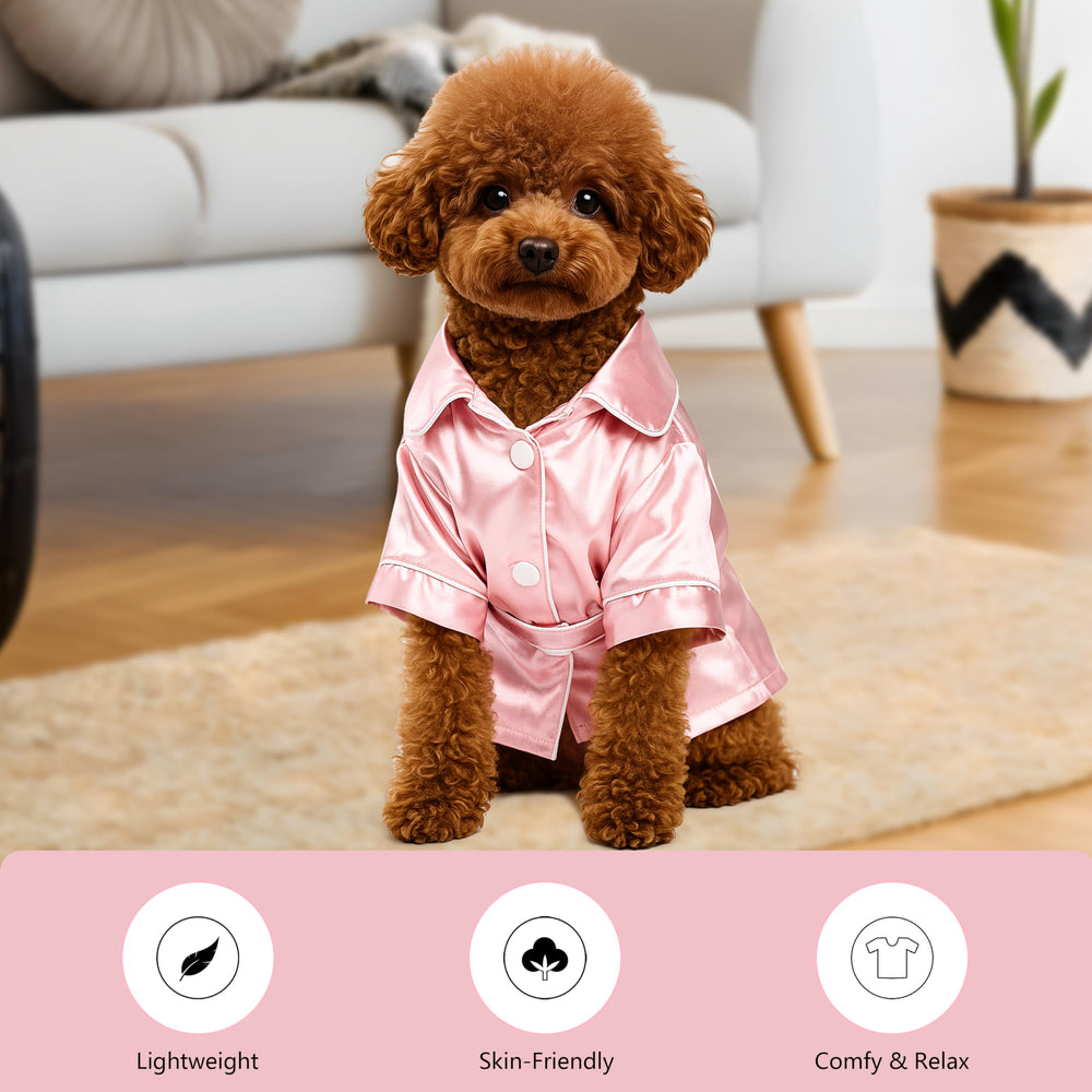 MEEYI dog silk pajamas lapel close-up pink, showcasing stylish, comfortable sleepwear