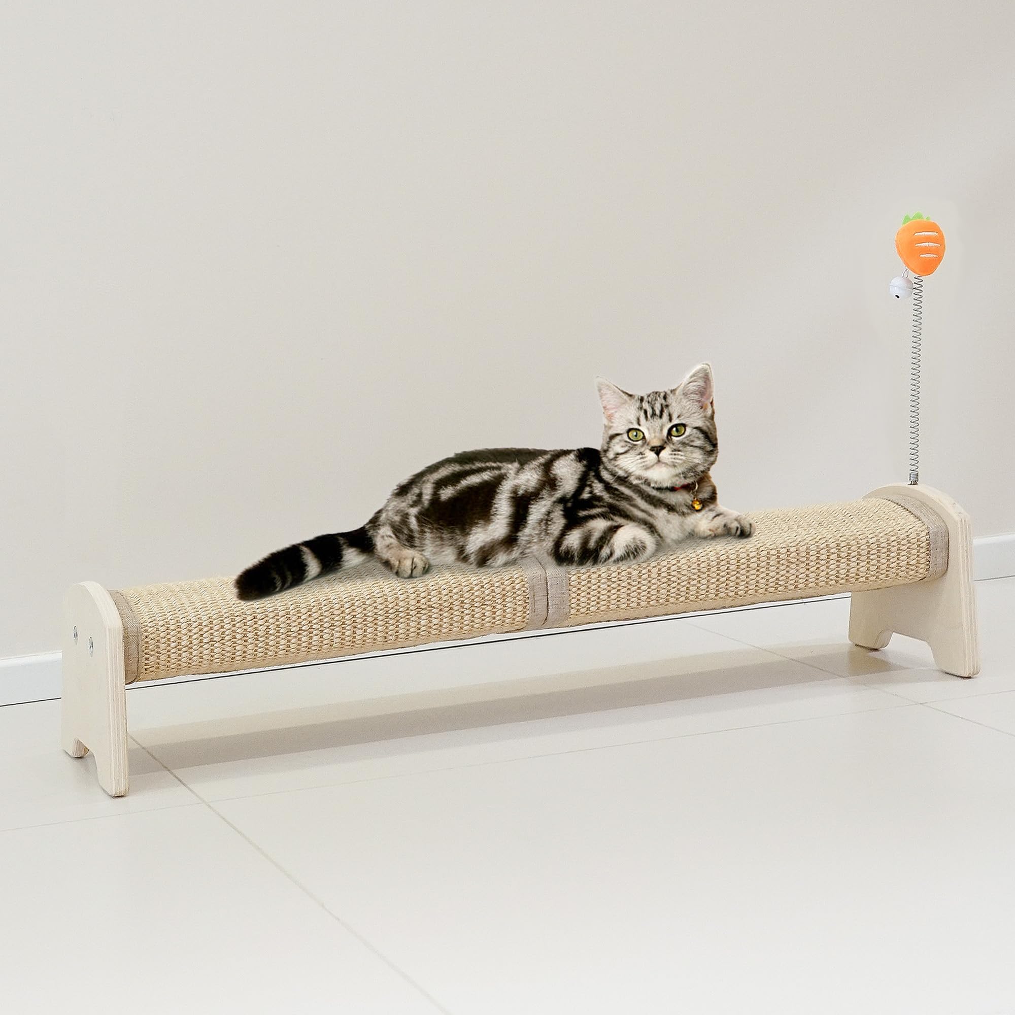 Meeyoview 30in horizontal scratcher on floor for comfortable scratching and stretching.