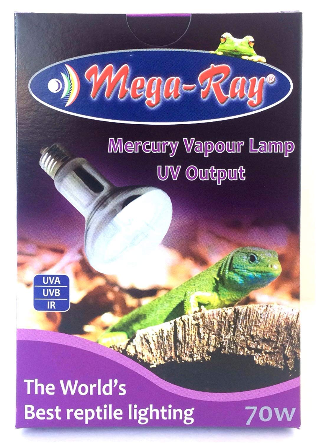 Mega-Ray Mercury Vapor 70W smallest UVB bulb in terrarium for basking heat and UV exposure.