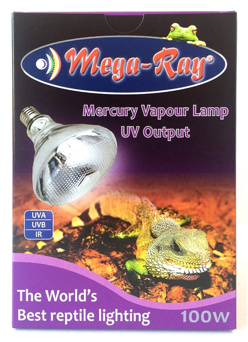 Mega-Ray Mercury Vapor Bulb 100W closeup highlighting self-ballasted design for steady UV output.