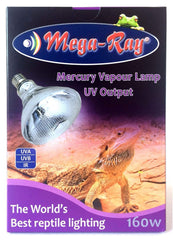 Mega-Ray Mercury Vapor UV bulb in a reptile setup providing UVB heat for basking.