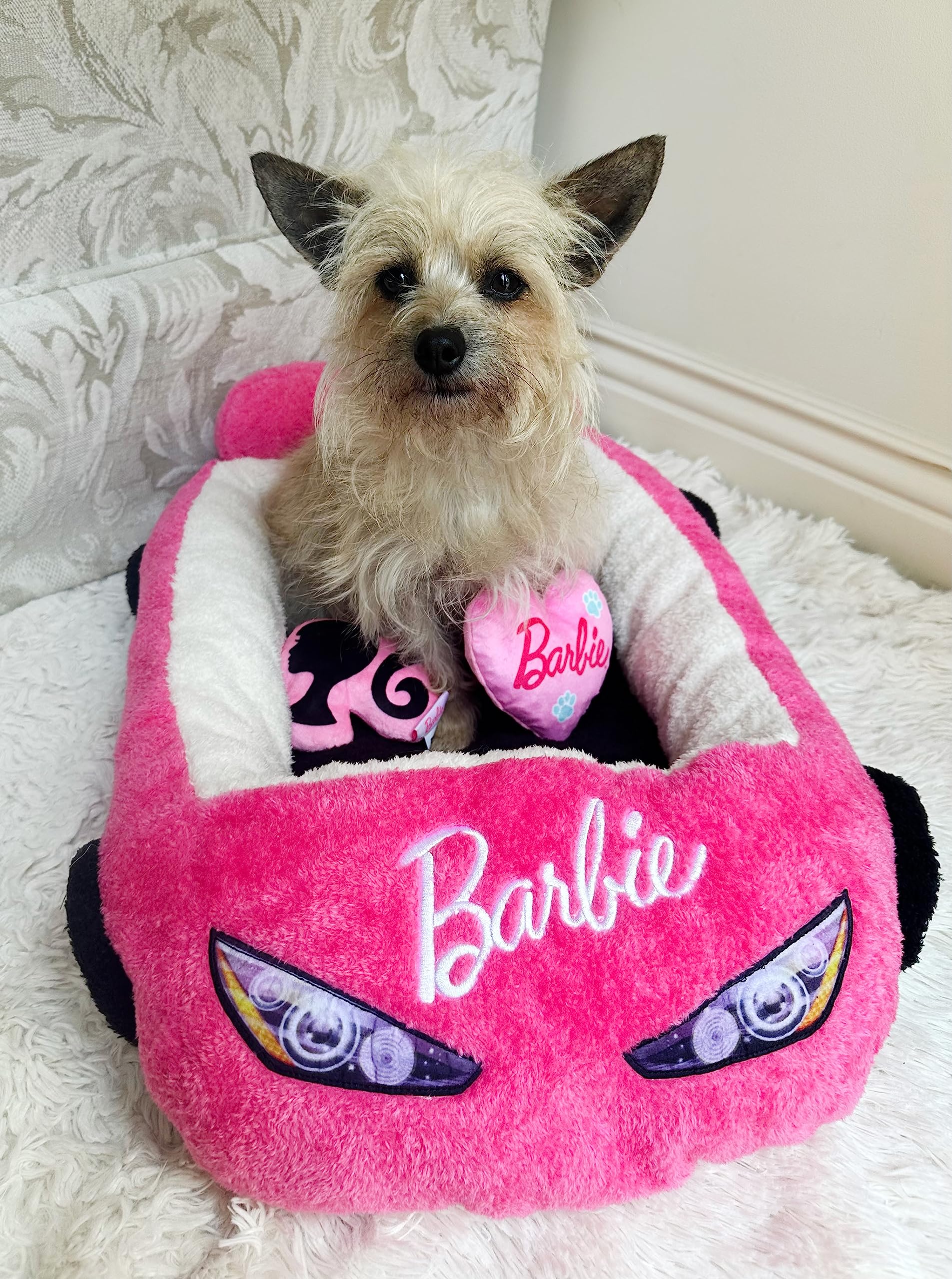 Megatoys Barbie plush car pet bed front view, cozy pink design for dogs and cats.