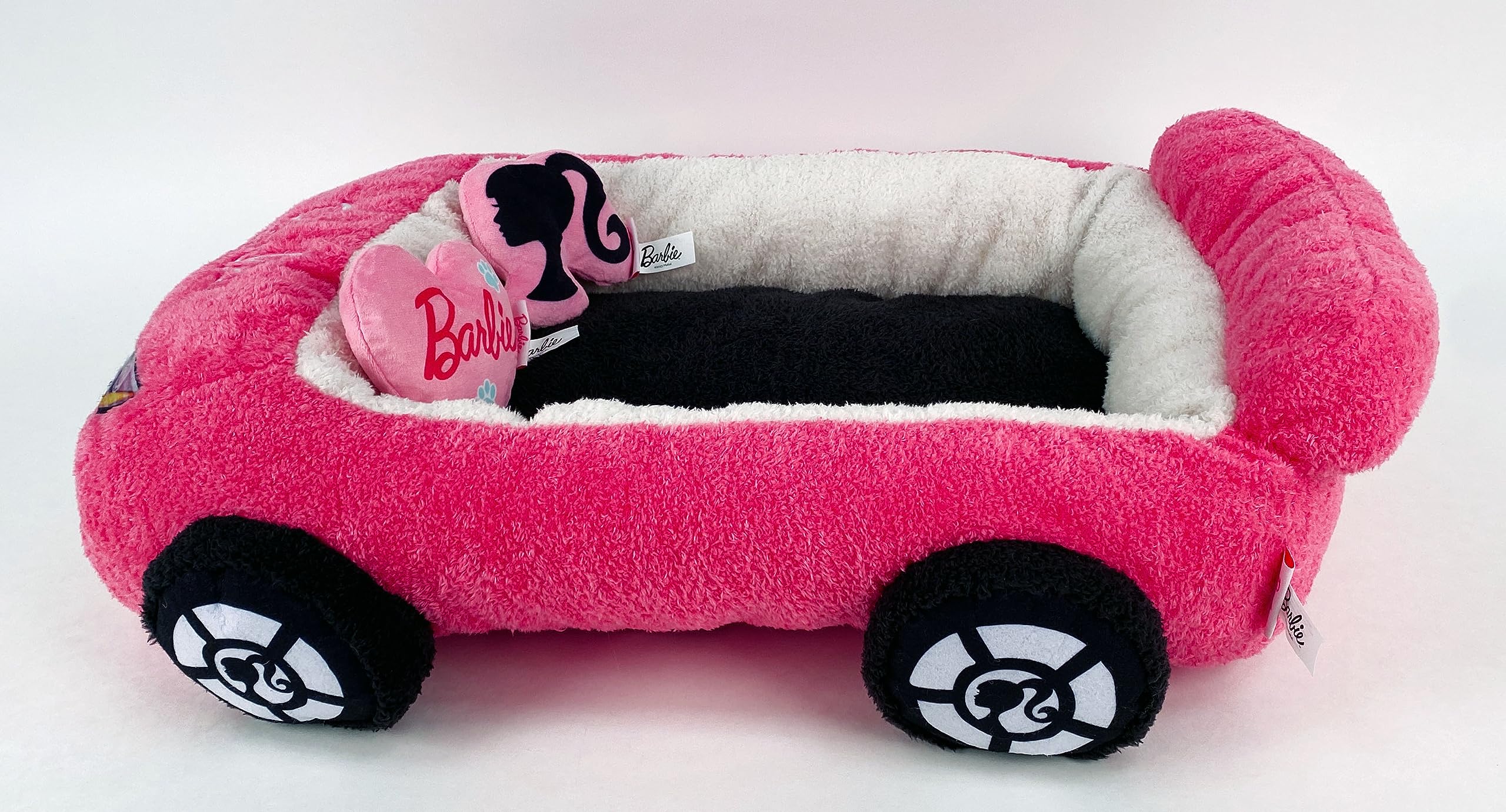 Megatoys Barbie plush car pet bed rim closeup, plush texture and head support.